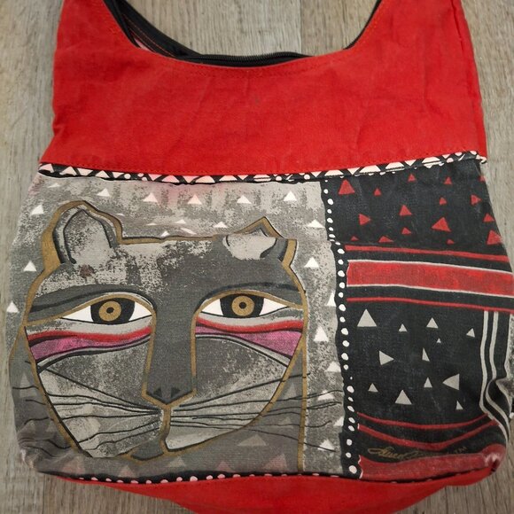 Laurel Burch Red Cotton Cat Face Tote Bag With Triangular Patterns Braided - Picture 4 of 6